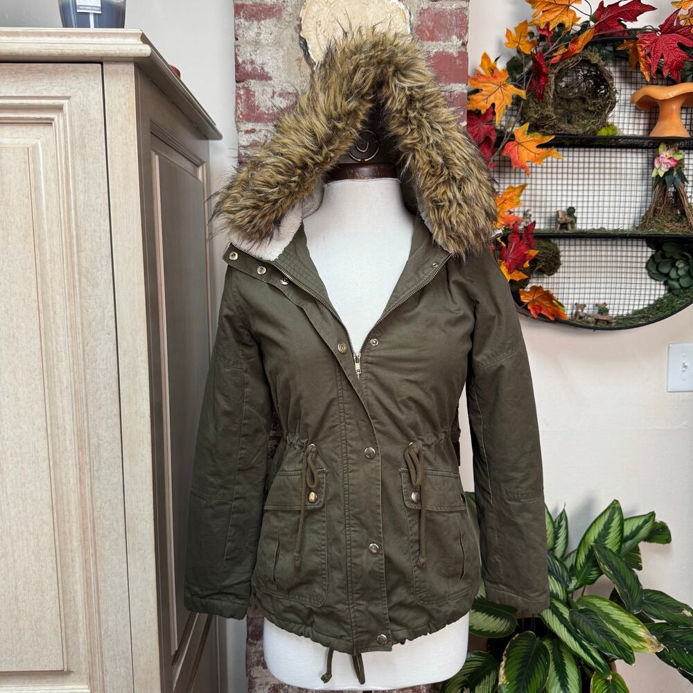 Faux Fur Hooded Parka Jacket Military Green Small